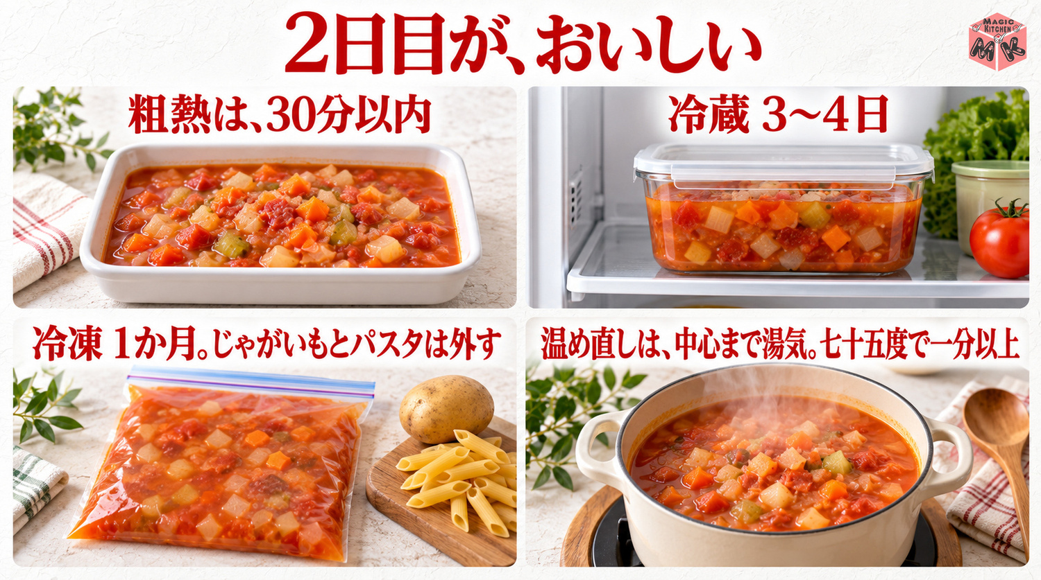 ミネストローネの保存と温め直し（粗熱30分以内・冷蔵3〜4日・冷凍1か月はじゃがいもとパスタを外す・75℃で1分以上）