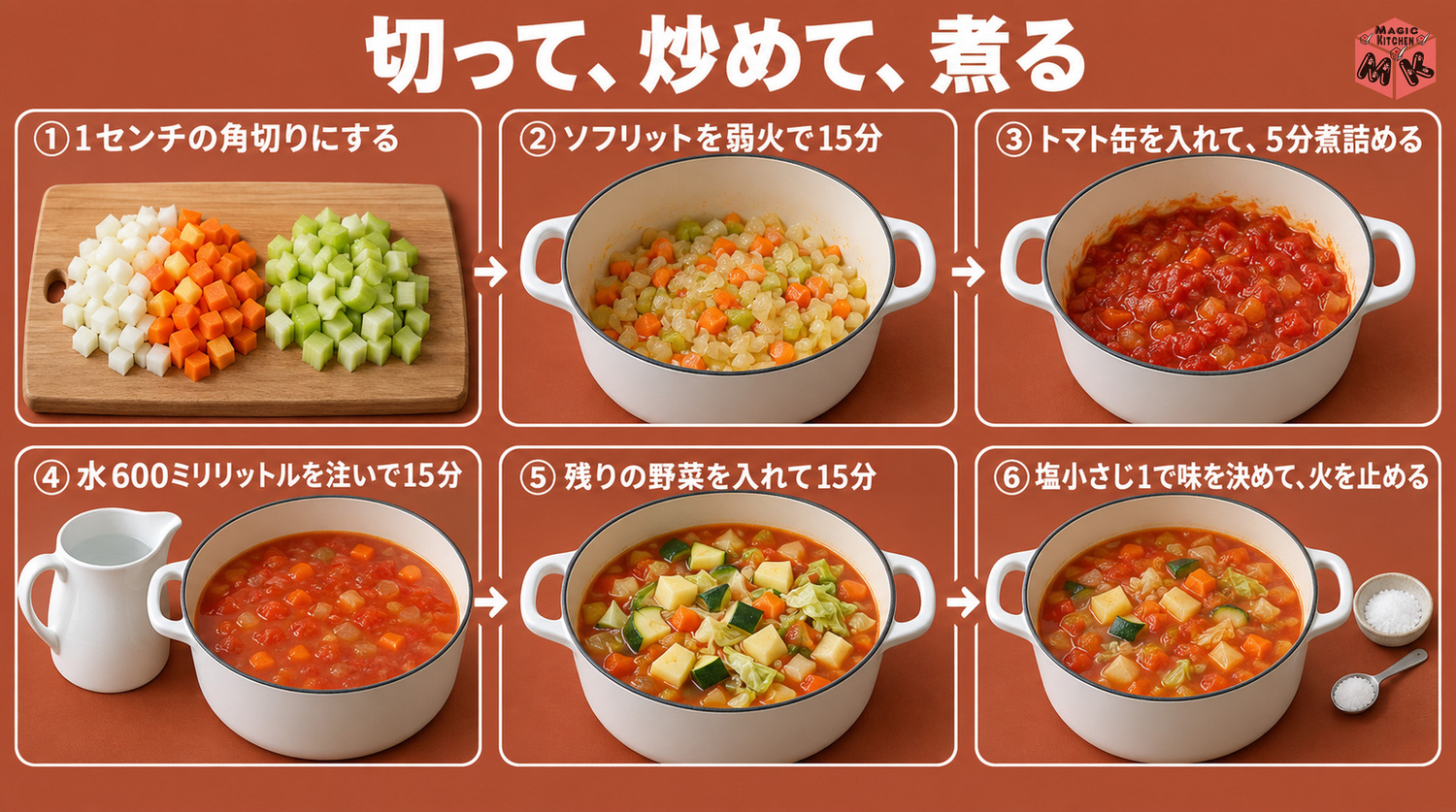 ミネストローネの作り方6工程（1cmに切る・ソフリット15分・トマト缶を5分煮詰める・水600mlで15分・残りの野菜15分・塩は最後）