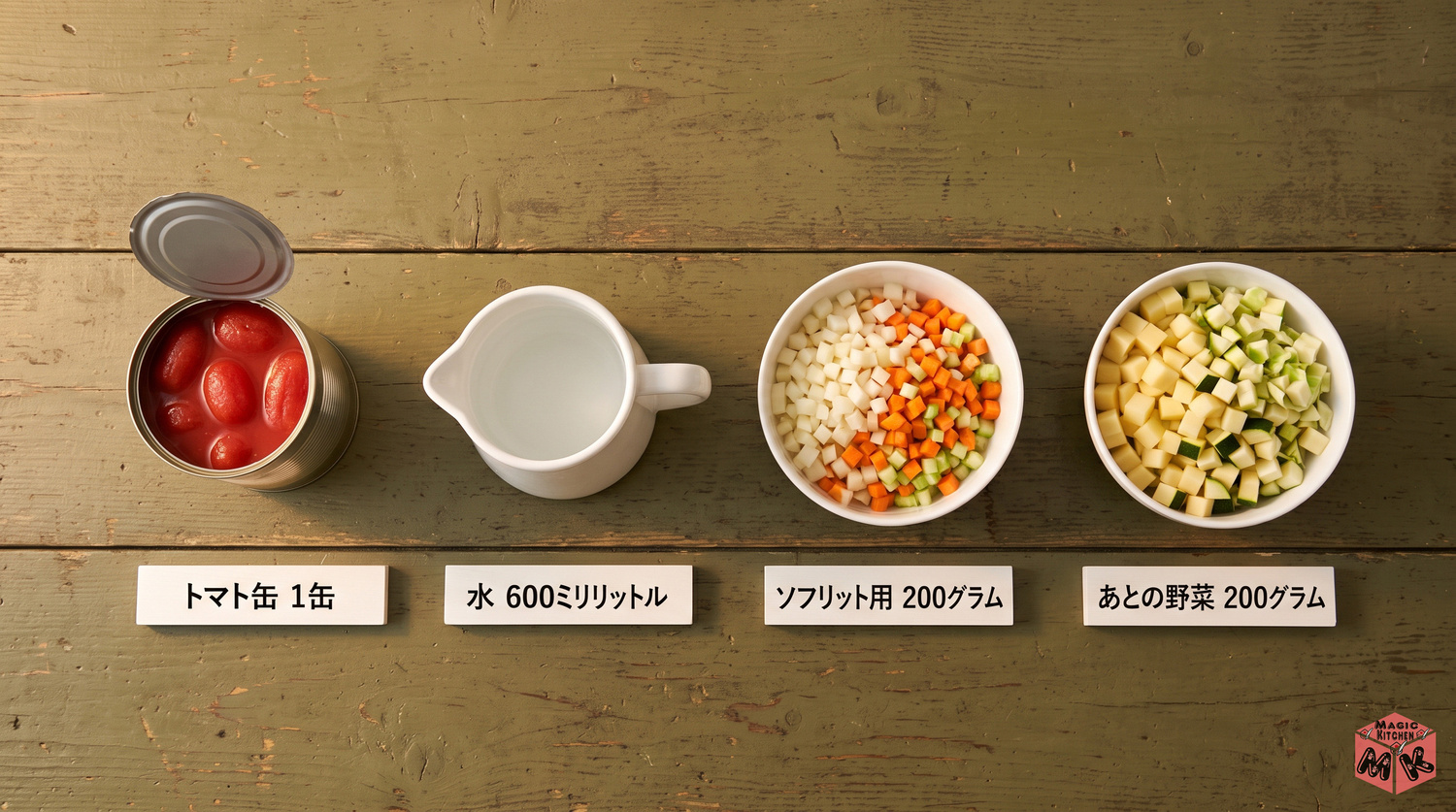 ミネストローネの黄金比（トマト缶1缶・水600ml・野菜400g）