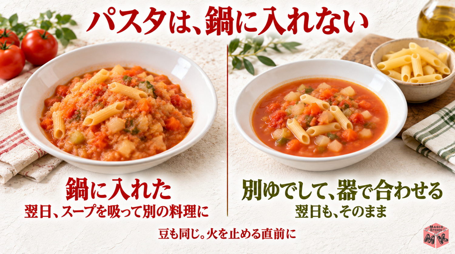ミネストローネのパスタは別ゆで（鍋に入れると翌日スープを吸う・器で合わせる）