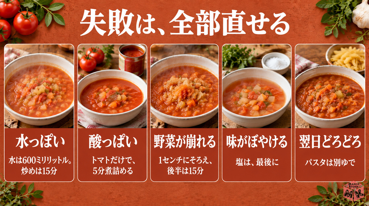 ミネストローネのよくある失敗と対策（水っぽい・酸っぱい・野菜が崩れる・味がぼやける・翌日どろどろ）