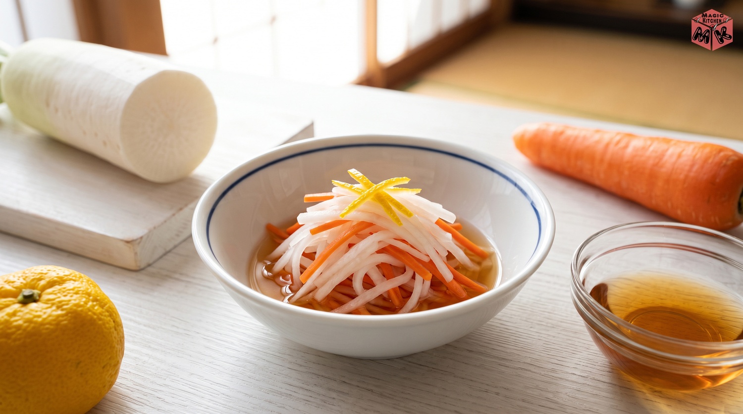 元旦の朝の白木のつけ台に砥部焼の小鉢の紅白なますと大根とにんじんと甘酢が並ぶイメージ