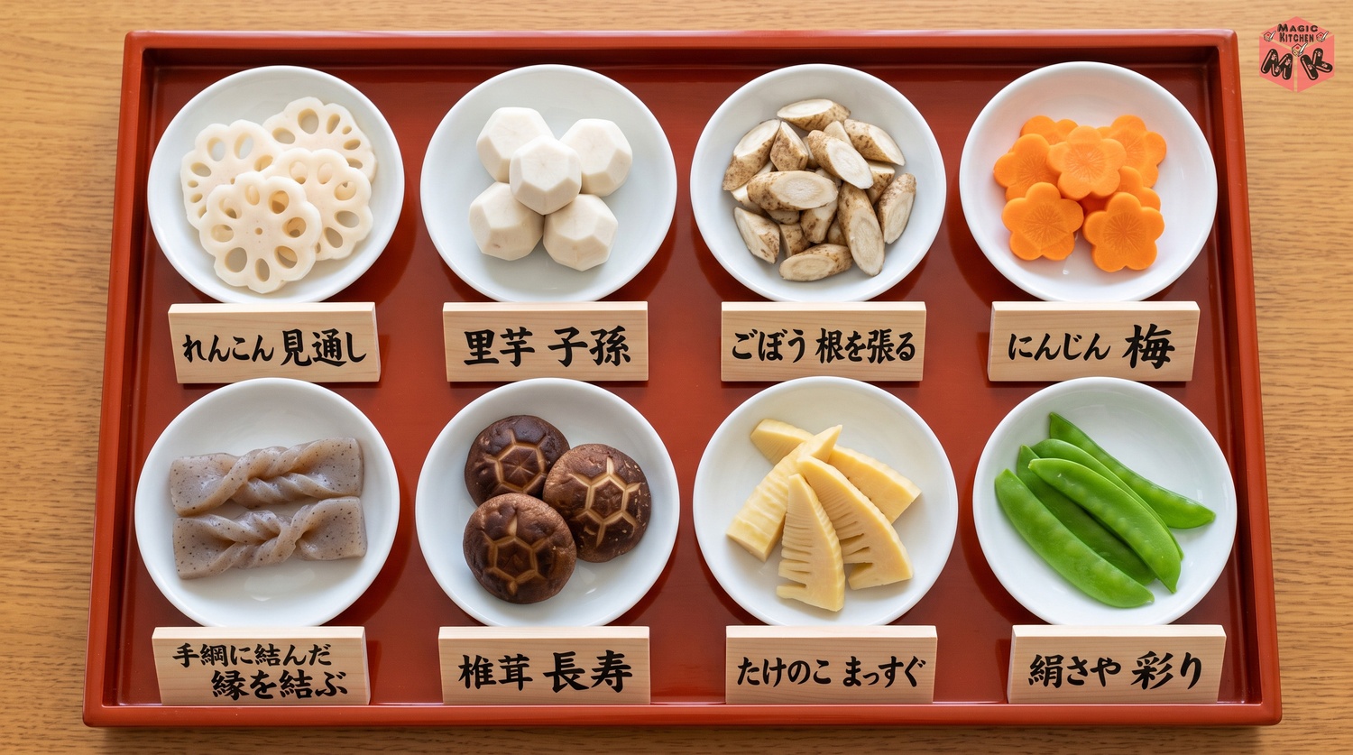 煮しめの具材8種と縁起の意味（れんこん見通し・里芋子孫・ごぼう根を張る・にんじん梅・こんにゃく縁を結ぶ・椎茸長寿・たけのこまっすぐ・絹さや彩り）