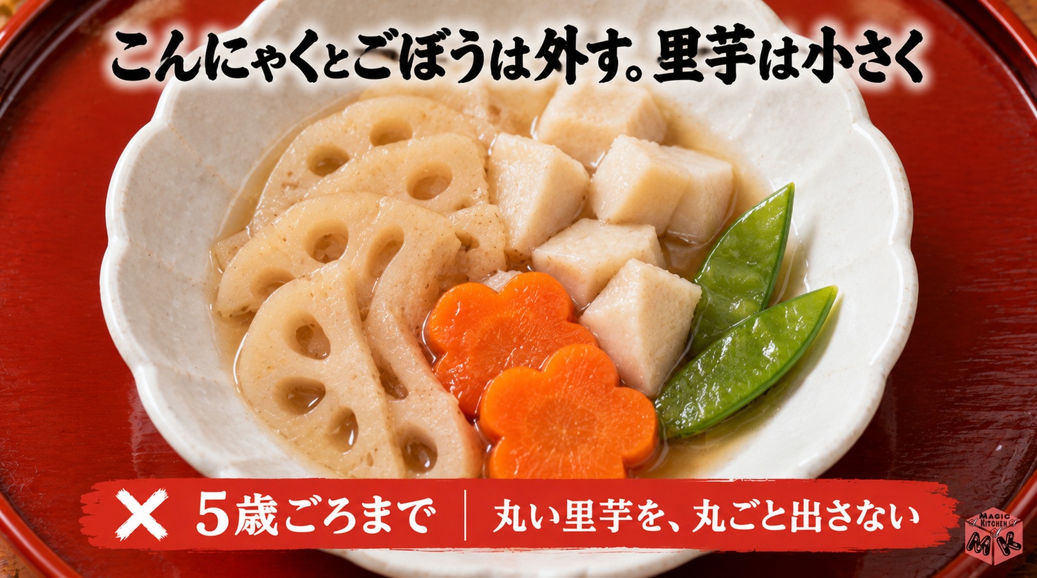 高齢者や子供にやさしい煮しめ（こんにゃくとごぼうは外す・里芋は小さく・5歳ごろまで丸ごと出さない）