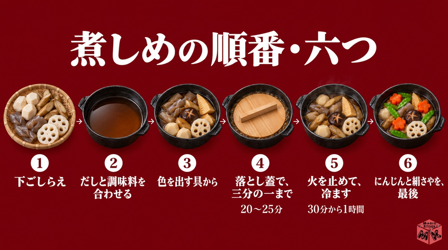 煮しめの順番6工程（下ごしらえ・だしと調味料・色を出す具から・落とし蓋で1/3まで20〜25分・火を止めて冷ます・にんじんと絹さやを最後）