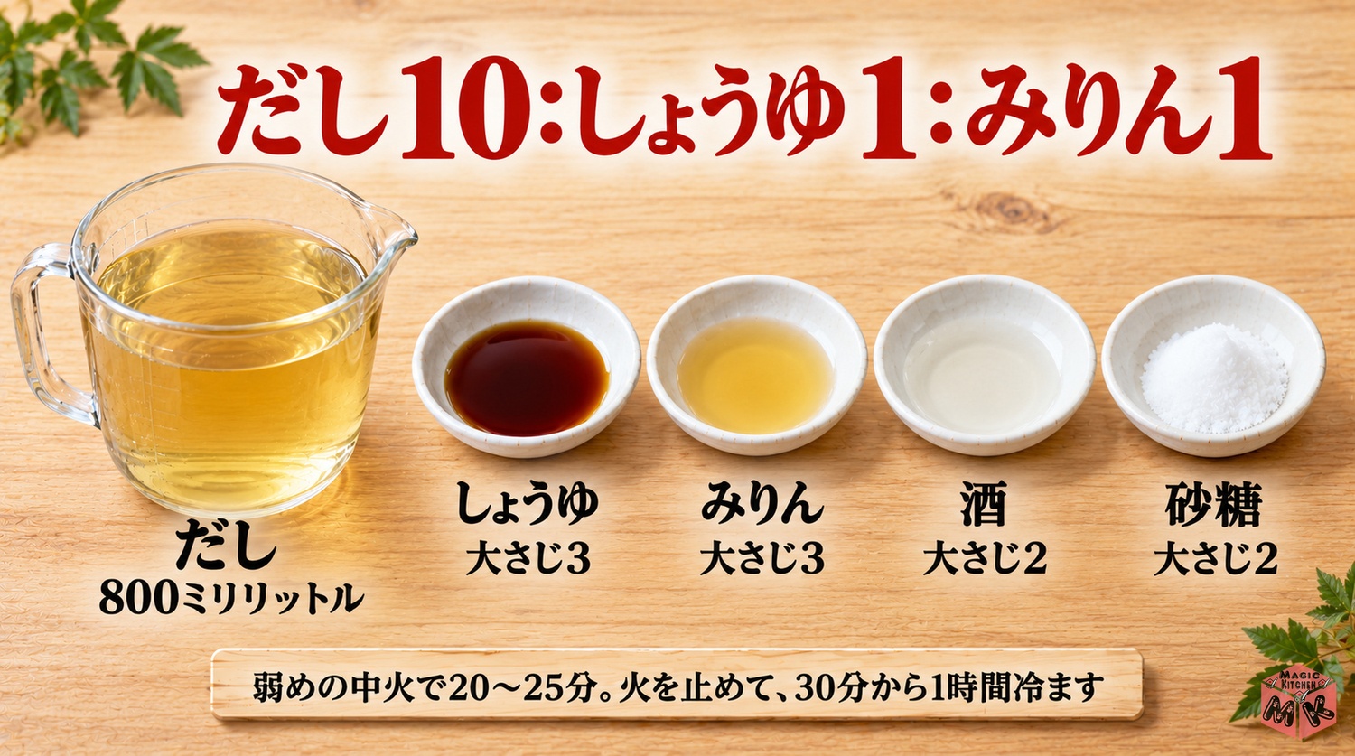 煮しめの黄金比（だし10：しょうゆ1：みりん1、だし800mlにしょうゆ大さじ3・みりん大さじ3・酒大さじ2・砂糖大さじ2）