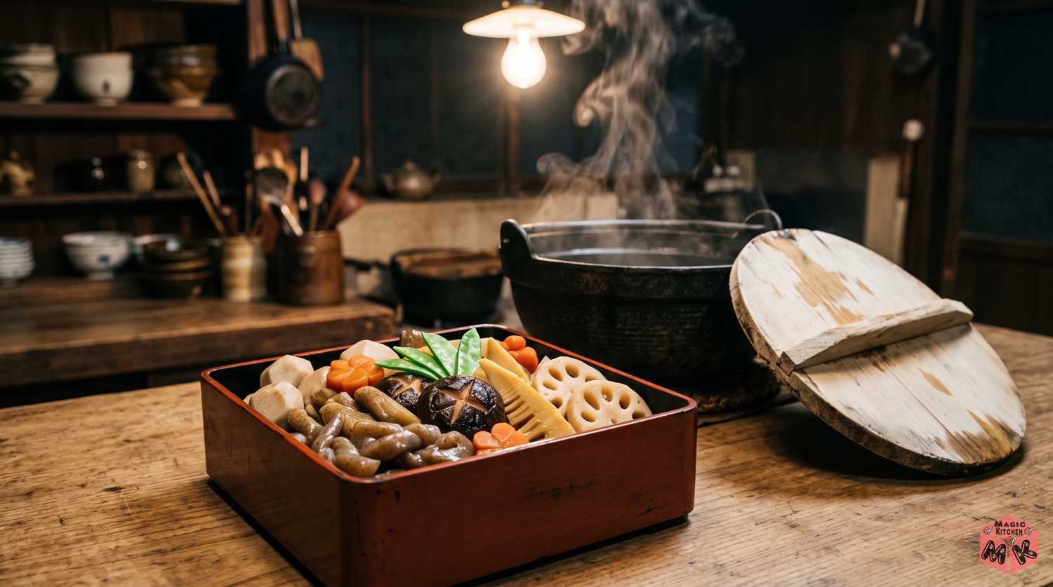 重箱に詰めた煮しめと鍋と落とし蓋