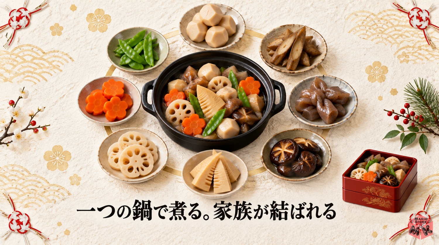 煮しめがおせちに入る理由（いろいろな具材を一つの鍋で煮る＝家族が結ばれる・日持ちの知恵）