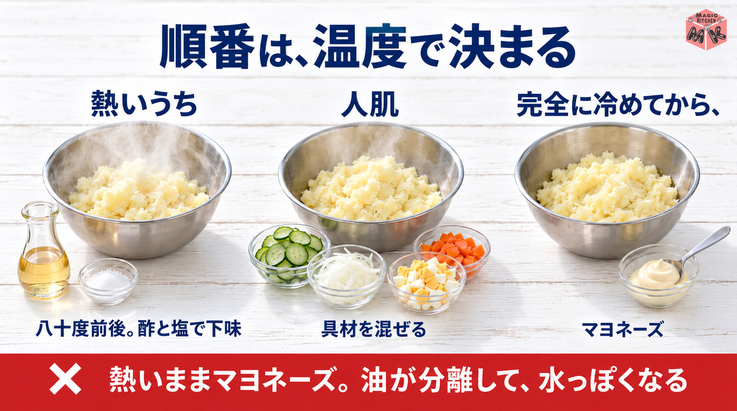 ポテトサラダは温度で決まる(熱いうちに酢と塩・人肌で具材・完全に冷めてからマヨネーズ)