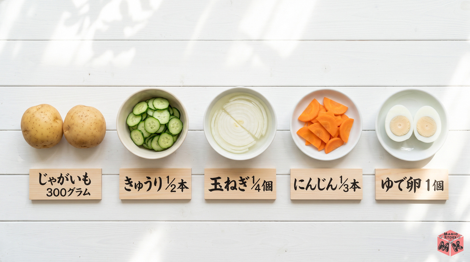 ポテトサラダの材料と下ごしらえ(じゃがいも300g・きゅうり1/2本・玉ねぎ1/4個・にんじん1/3本・ゆで卵1個)