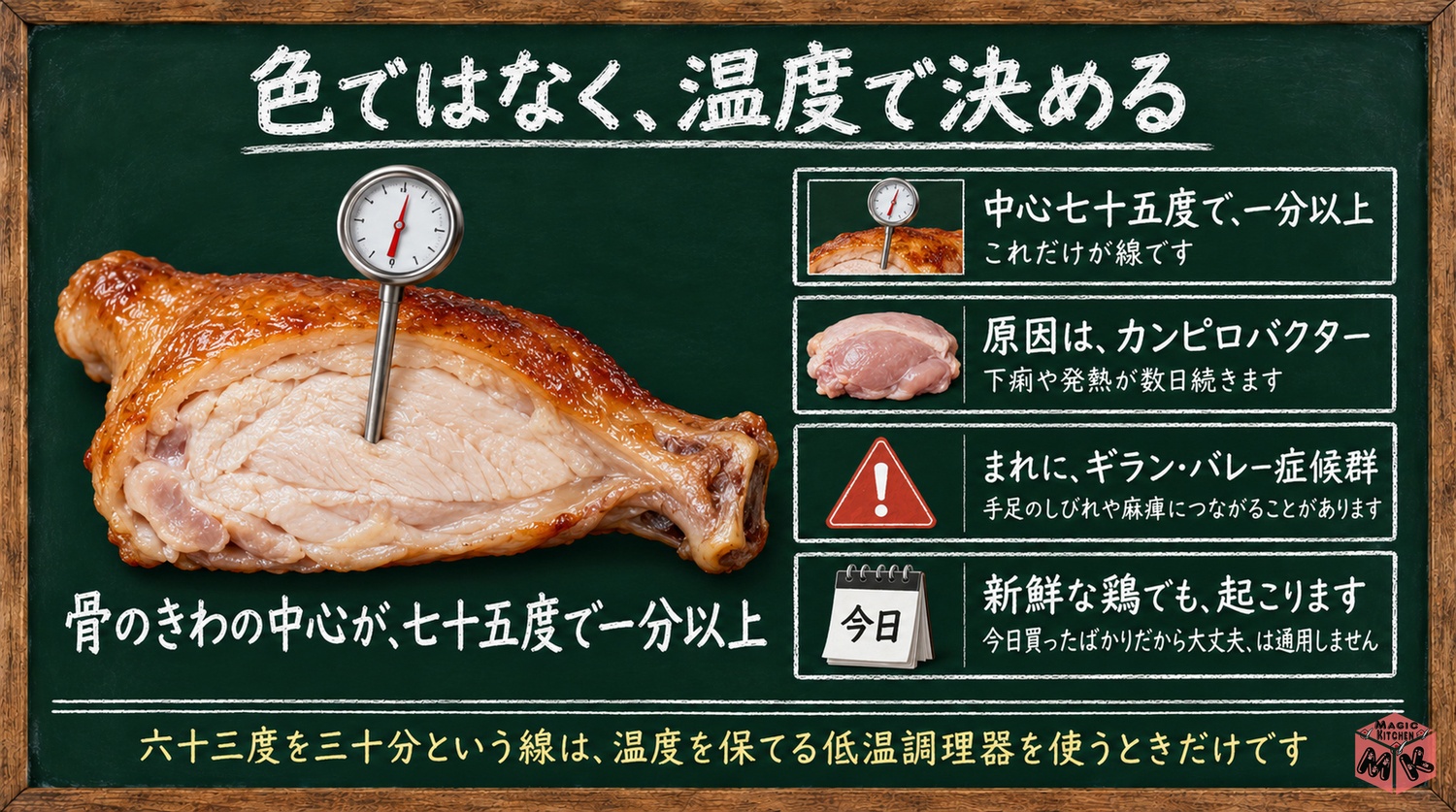 鶏の生焼けは色でなく中心75℃で1分以上で判断するカンピロバクターとギランバレー症候群の注意の図解