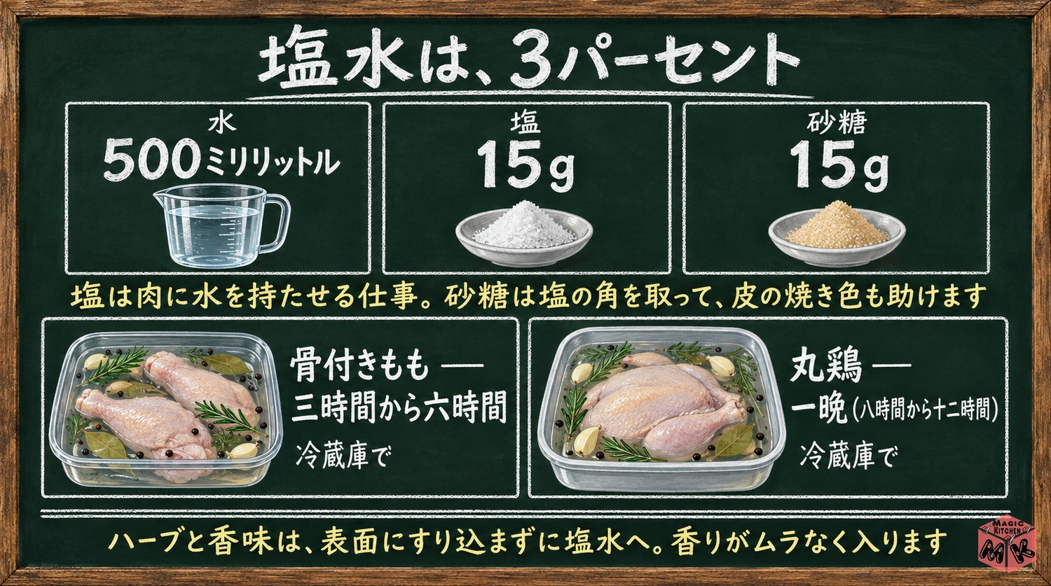 ローストチキンの塩水(ブライン)黄金比の図解:水500mlに塩15g・砂糖15g