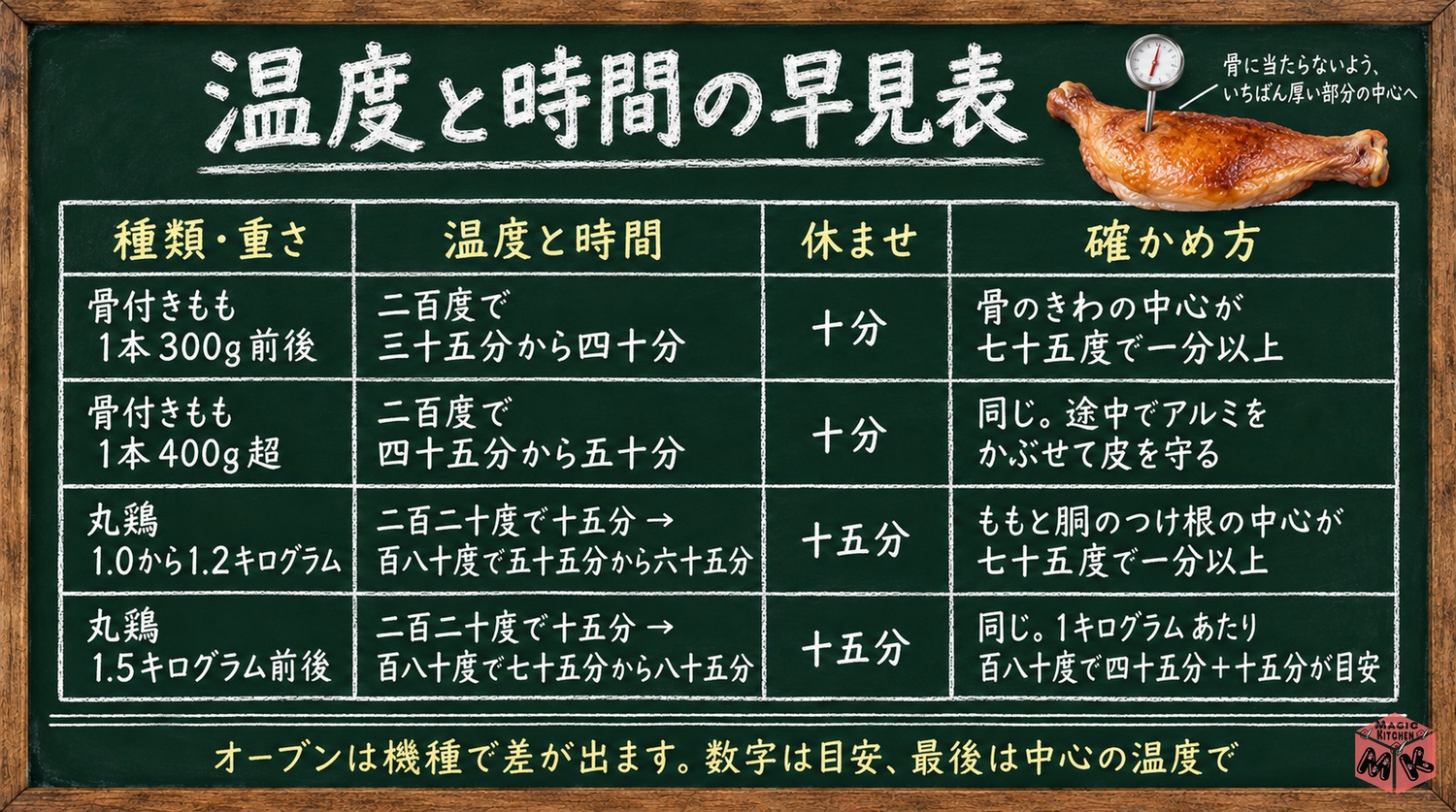 ローストチキンの温度と時間の早見表(骨付きもも・丸鶏別、休ませ時間、中心75℃)
