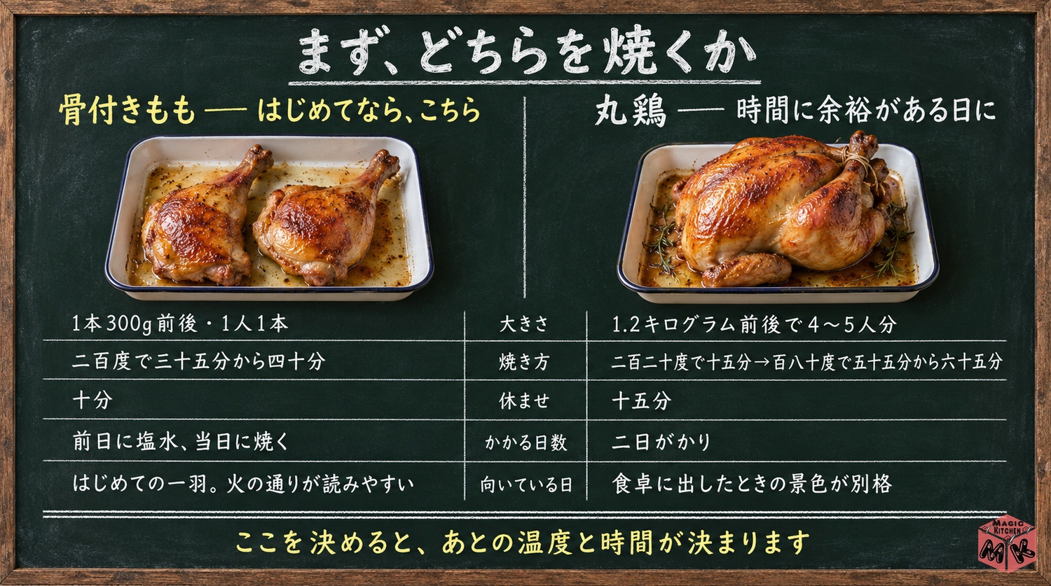 丸鶏と骨付きもも肉の比較図(人数・時間・難易度・失敗しやすさ)