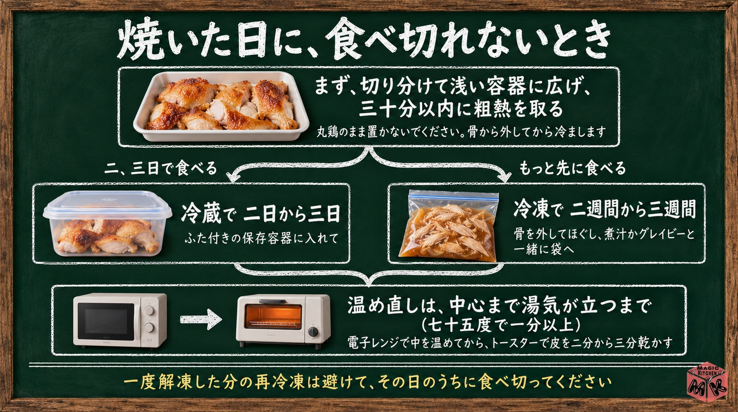 粗熱は30分以内で冷蔵2から3日と冷凍2から3週間と温め直しは中心75℃のローストチキンの保存の図解
