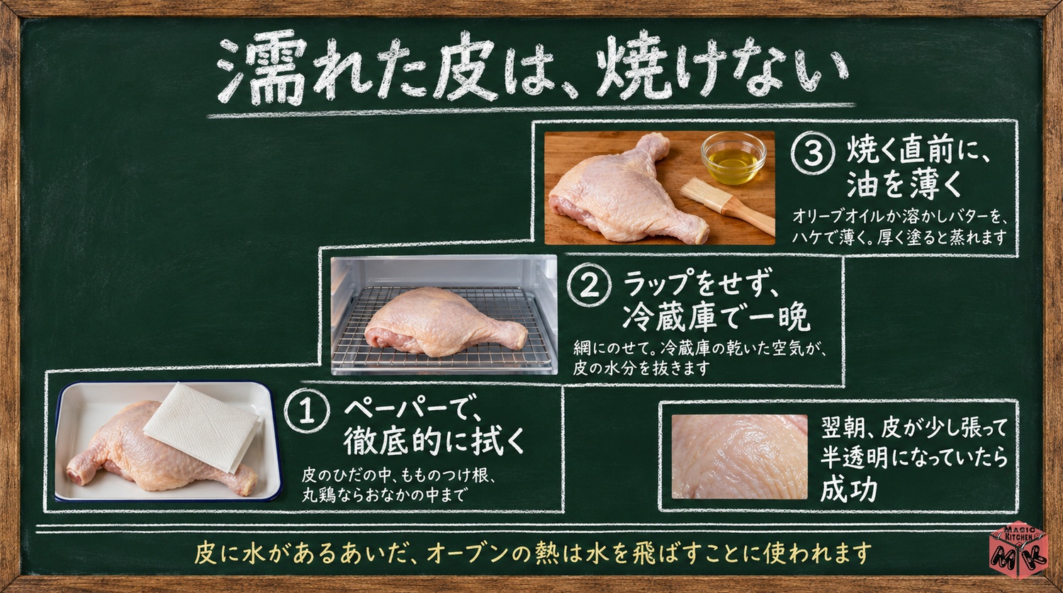 皮をパリパリにする3ステップの工程図(水気を拭く・冷蔵庫でひと晩乾かす・焼く直前に油)