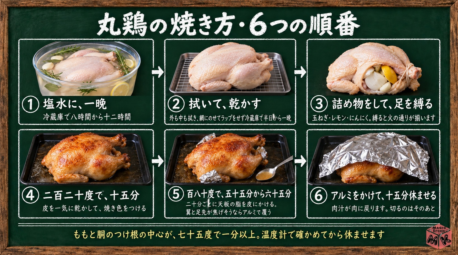 丸鶏のローストチキンの焼き方6ステップ工程図(塩水・乾かす・詰め物と縛り・高温・中温・休ませる)