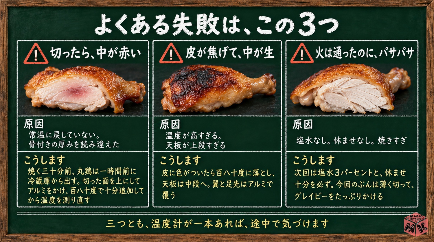 ローストチキンの失敗と対策3つの図解(生焼け・皮が焦げて中が生・パサつく)