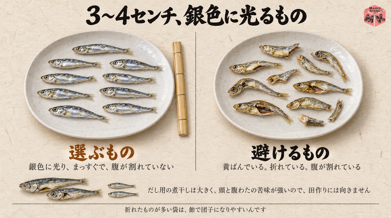 ごまめの選び方の図解(3〜4cmで銀色に光り腹が割れていない良い例と避ける例)
