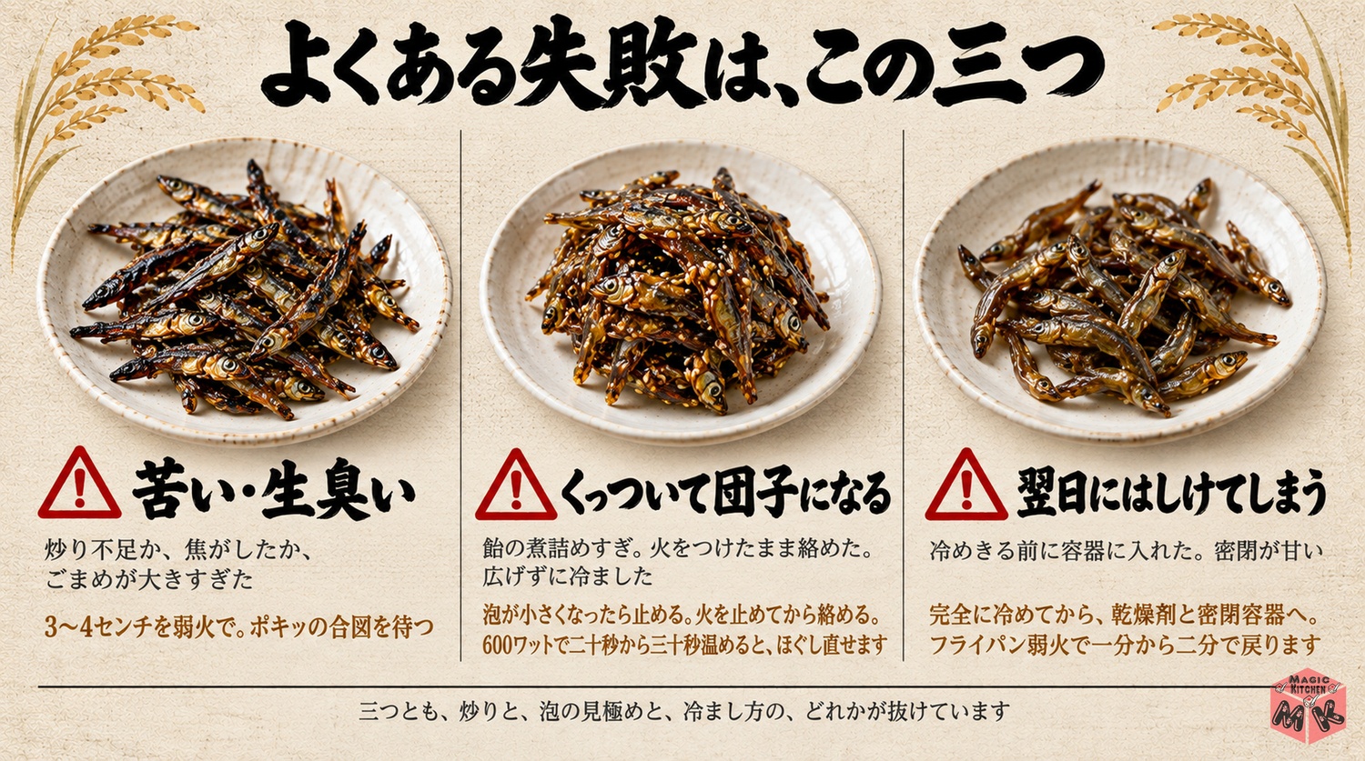田作りの失敗と対策3つの図解(苦い・くっつく・しける)