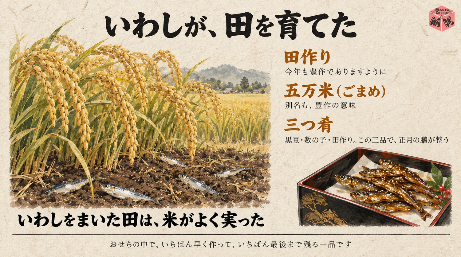 田作りの由来のインフォグラフィック(いわしを田の肥料にした歴史から五万米、三つ肴へ)