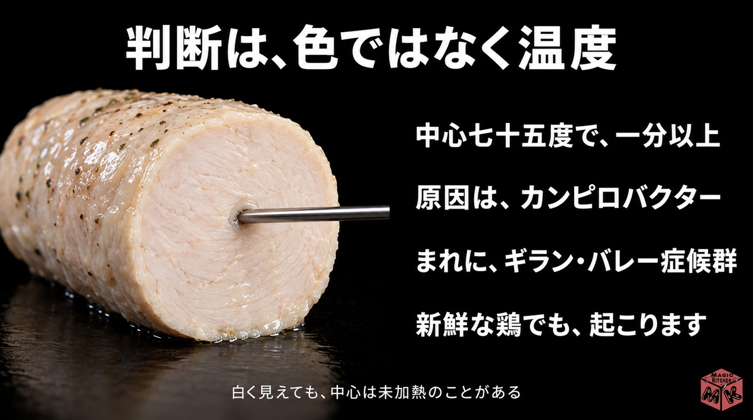 鶏ハムの火入れは色ではなく温度で判断する(中心75℃1分・カンピロバクター)