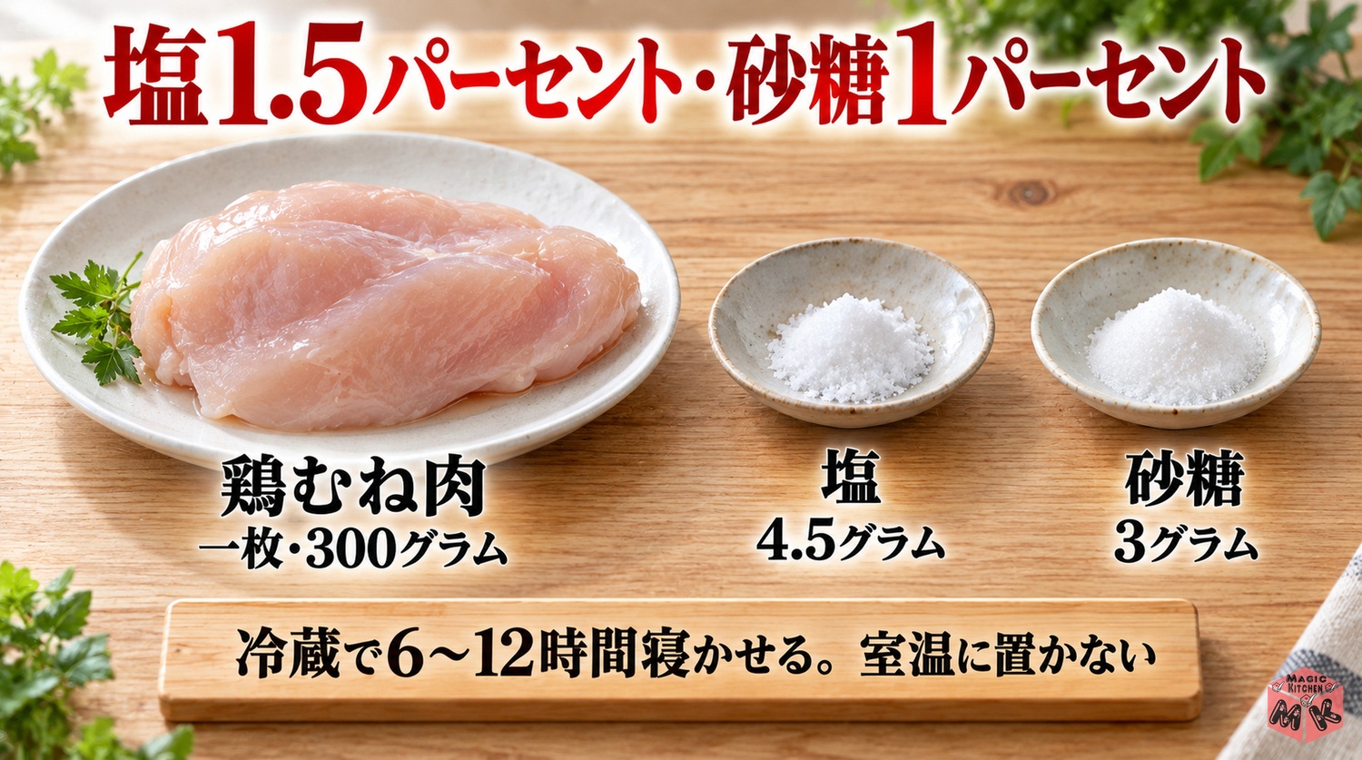 鶏ハムの塩と砂糖の黄金比(塩1.5%・砂糖1%・6〜12時間寝かせる)