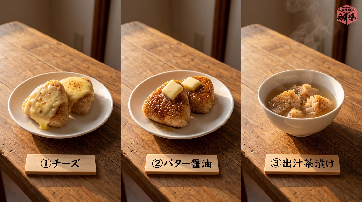 チーズとバター醤油と出汁茶漬けの焼きおにぎりのアレンジ3選