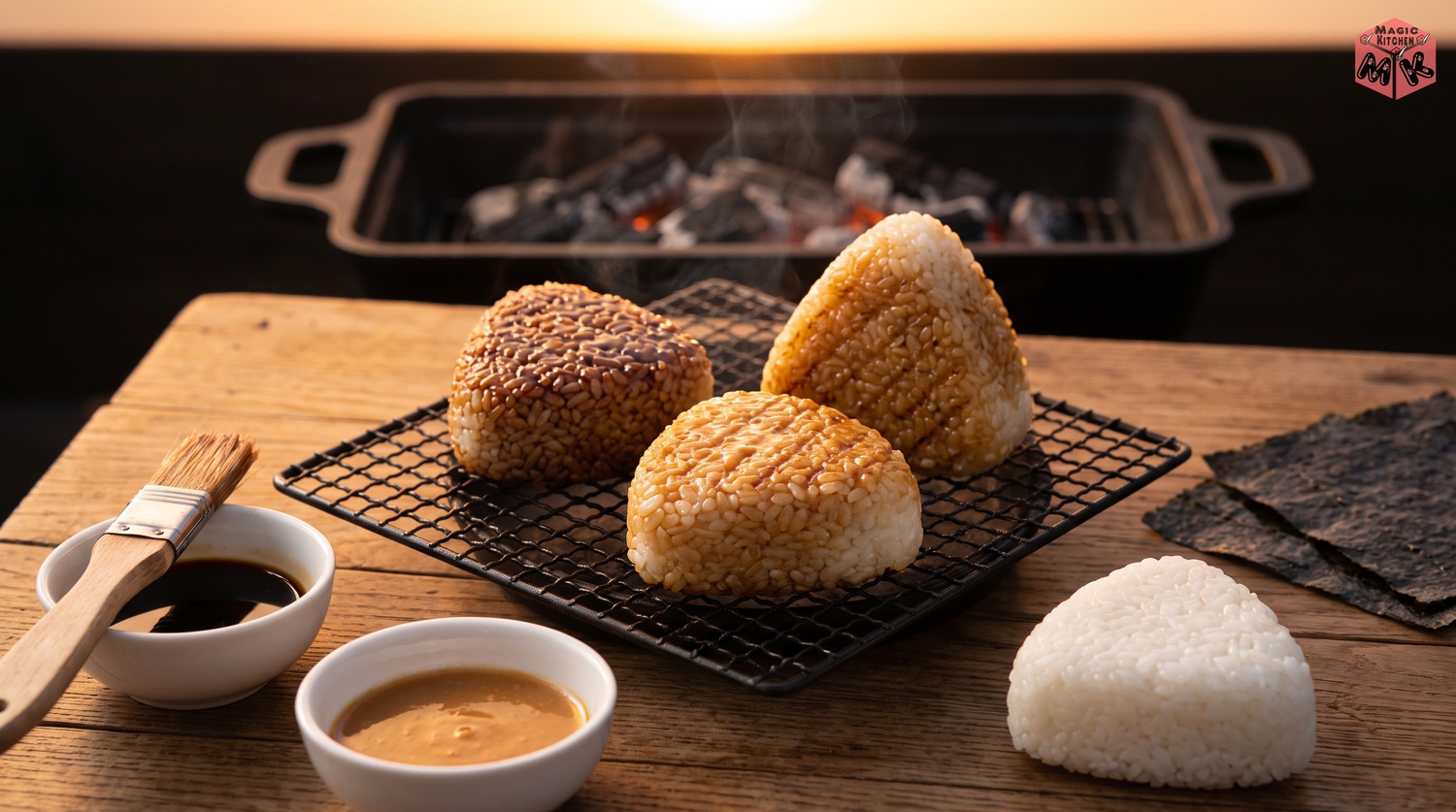 網の上で焼き目のついた三角の焼きおにぎりと醤油だれと味噌だれの小皿がある食卓イメージ