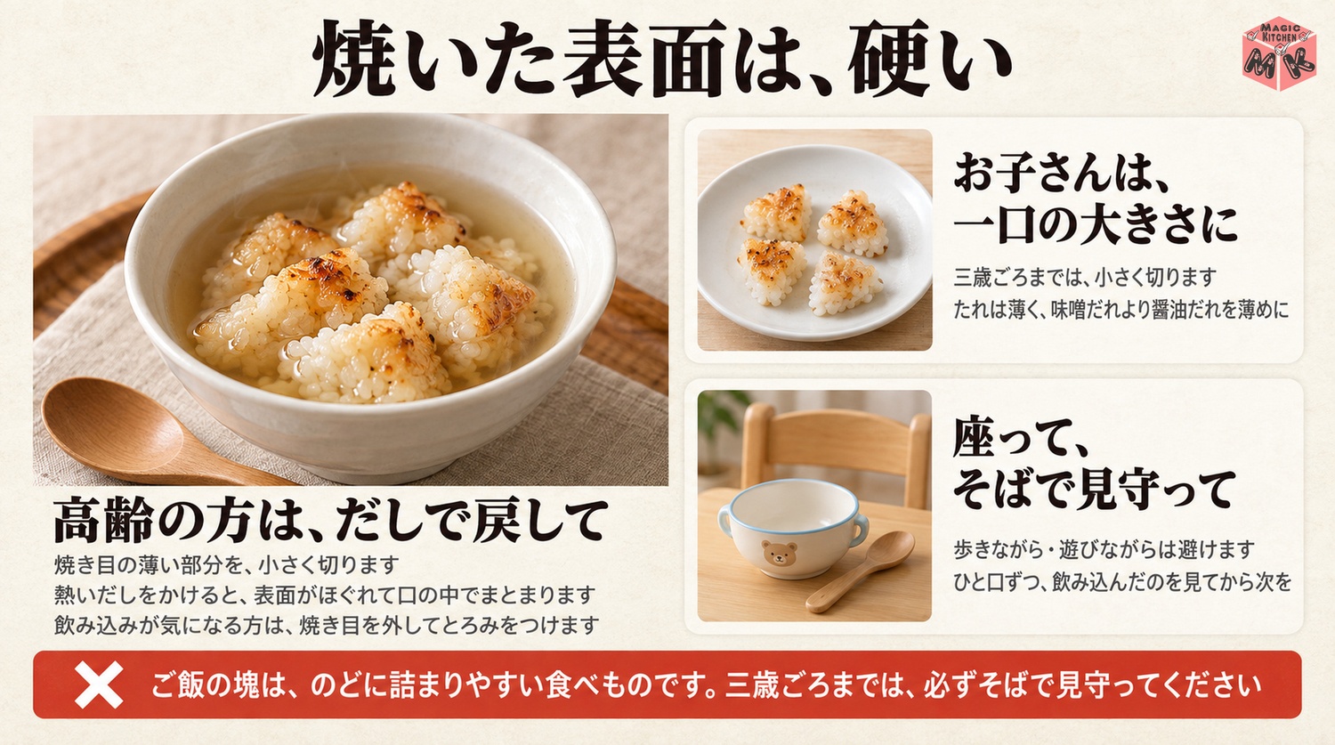 小さく切ってだしをかけて茶漬けにし3歳ごろまでは一口サイズで見守る焼きおにぎりの図解