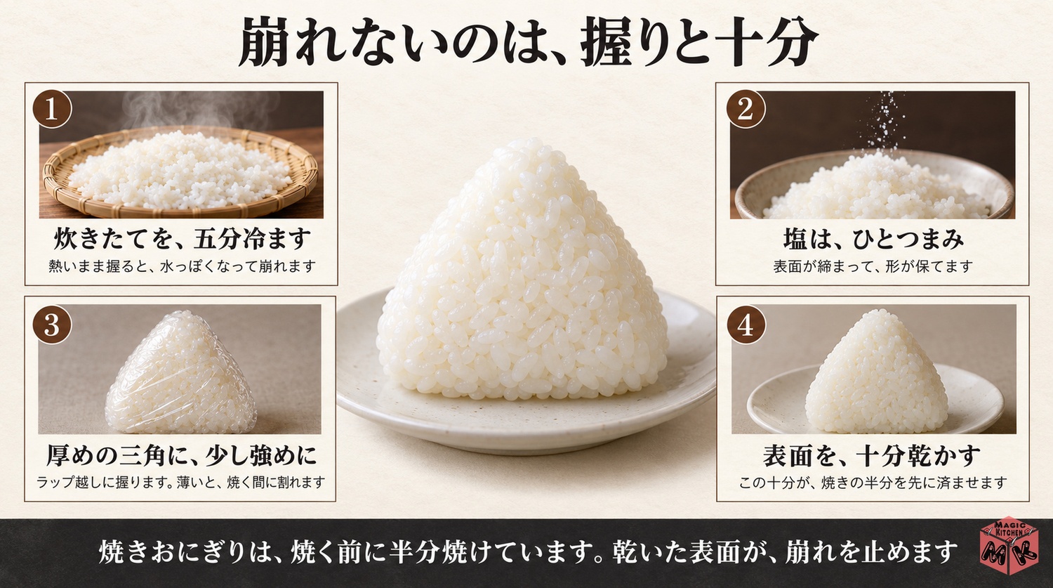 5分冷まして塩を混ぜて厚めに強めに握り表面を10分乾かす崩れない握り方の工程図