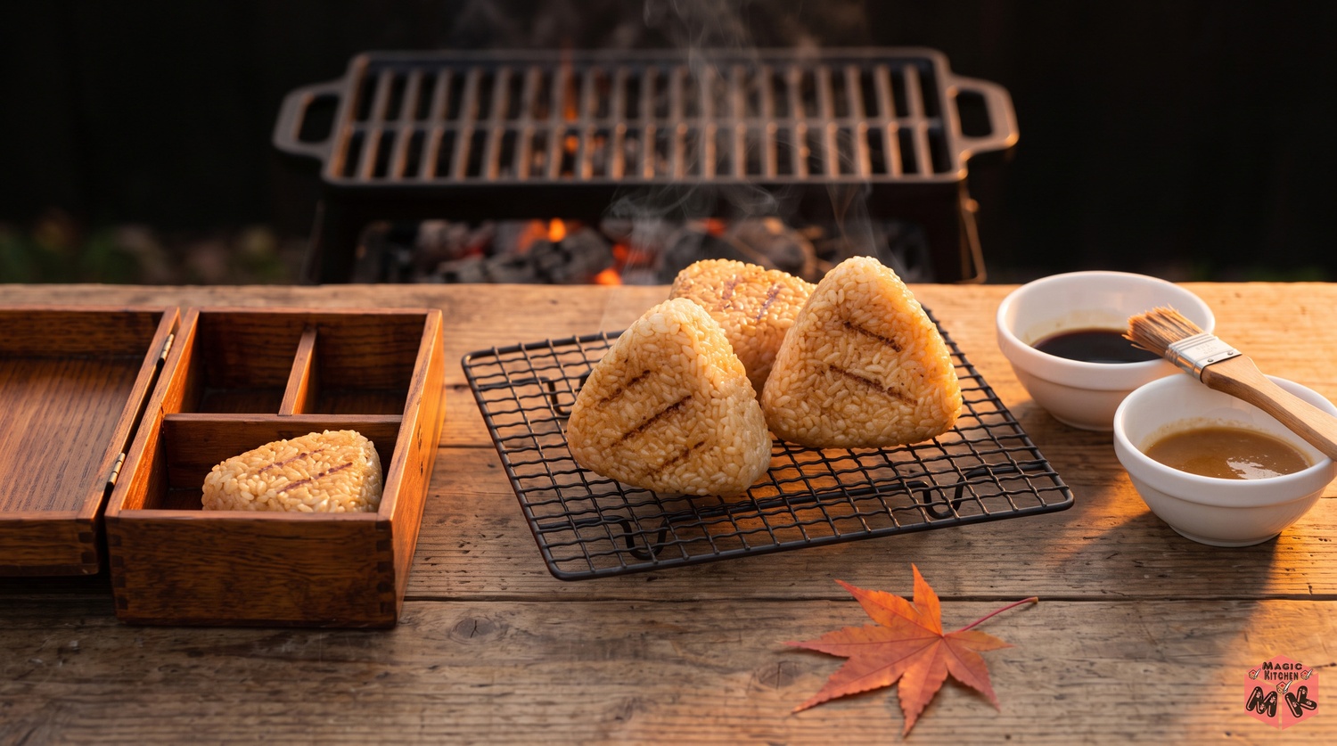 お弁当箱の焼きおにぎりとキャンプの網で焼く焼きおにぎりが並ぶ秋のイメージ