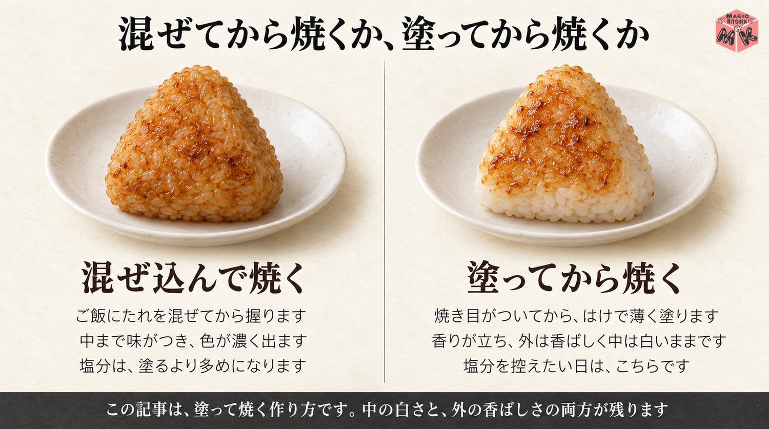 たれを混ぜ込んで焼く場合と塗って焼く場合の違いの図解