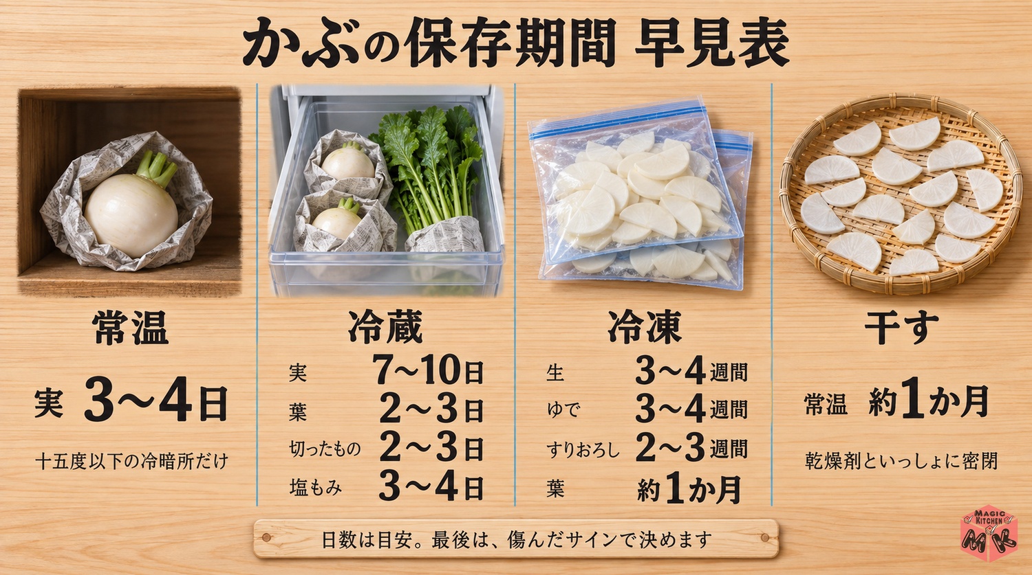 かぶの保存期間早見表(常温3〜4日・冷蔵7〜10日・冷凍3〜4週間・干して約1か月)