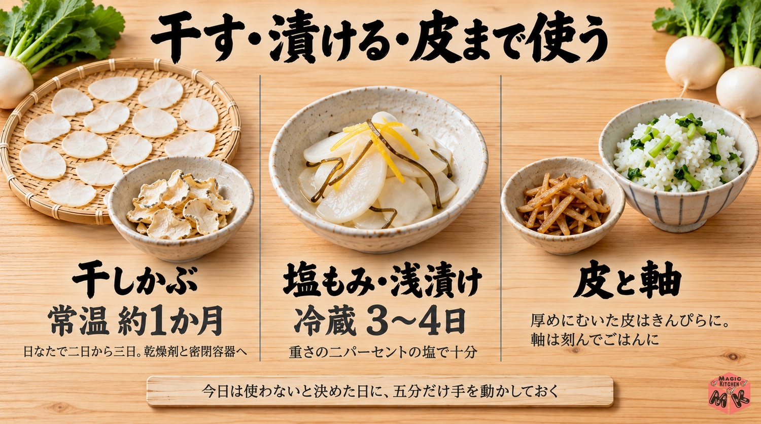 干しかぶは常温約1か月、浅漬けは冷蔵3〜4日、皮と軸も使い切るかぶの保存