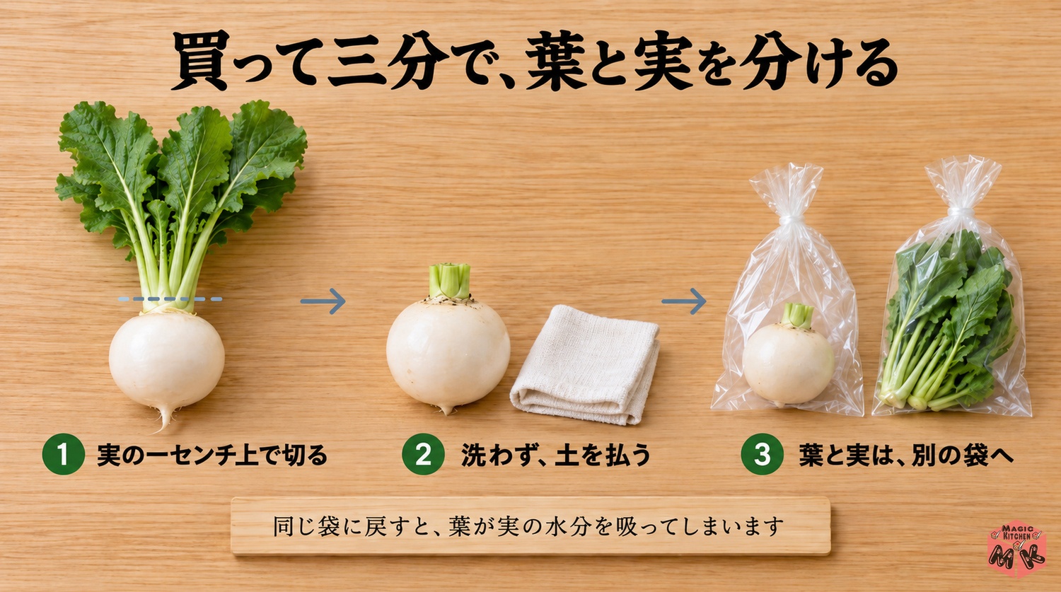 かぶを葉と実に切り分ける3ステップ(実の1センチ上で切る・洗わず土を払う・別の袋へ)