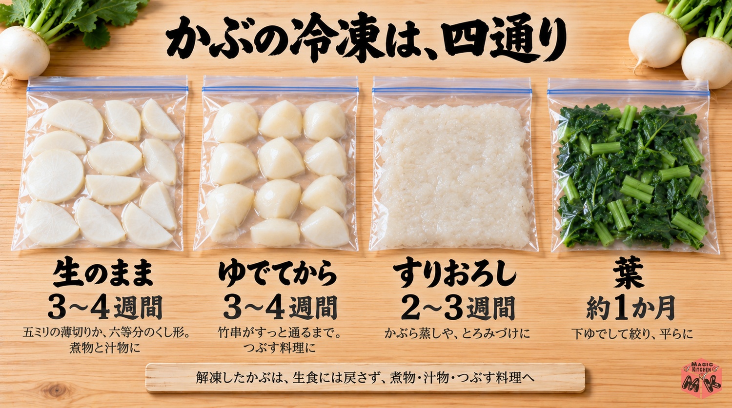 かぶの冷凍4通り(生3〜4週間・ゆで3〜4週間・すりおろし2〜3週間・葉は約1か月)
