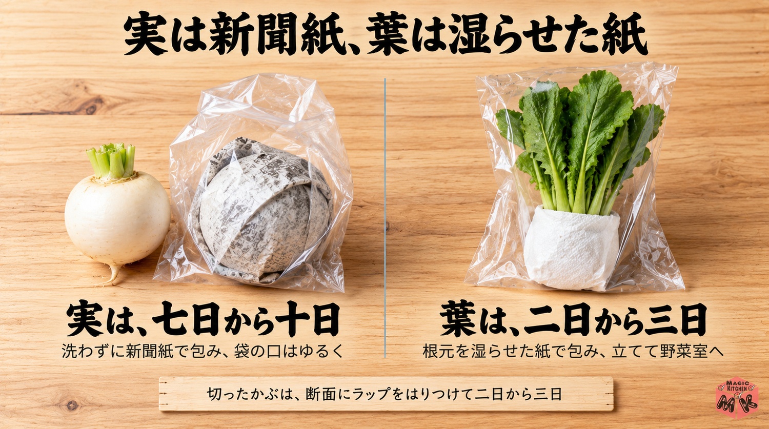 かぶの実は新聞紙で包んで7〜10日、葉は湿らせた紙で包んで2〜3日の冷蔵保存の図解