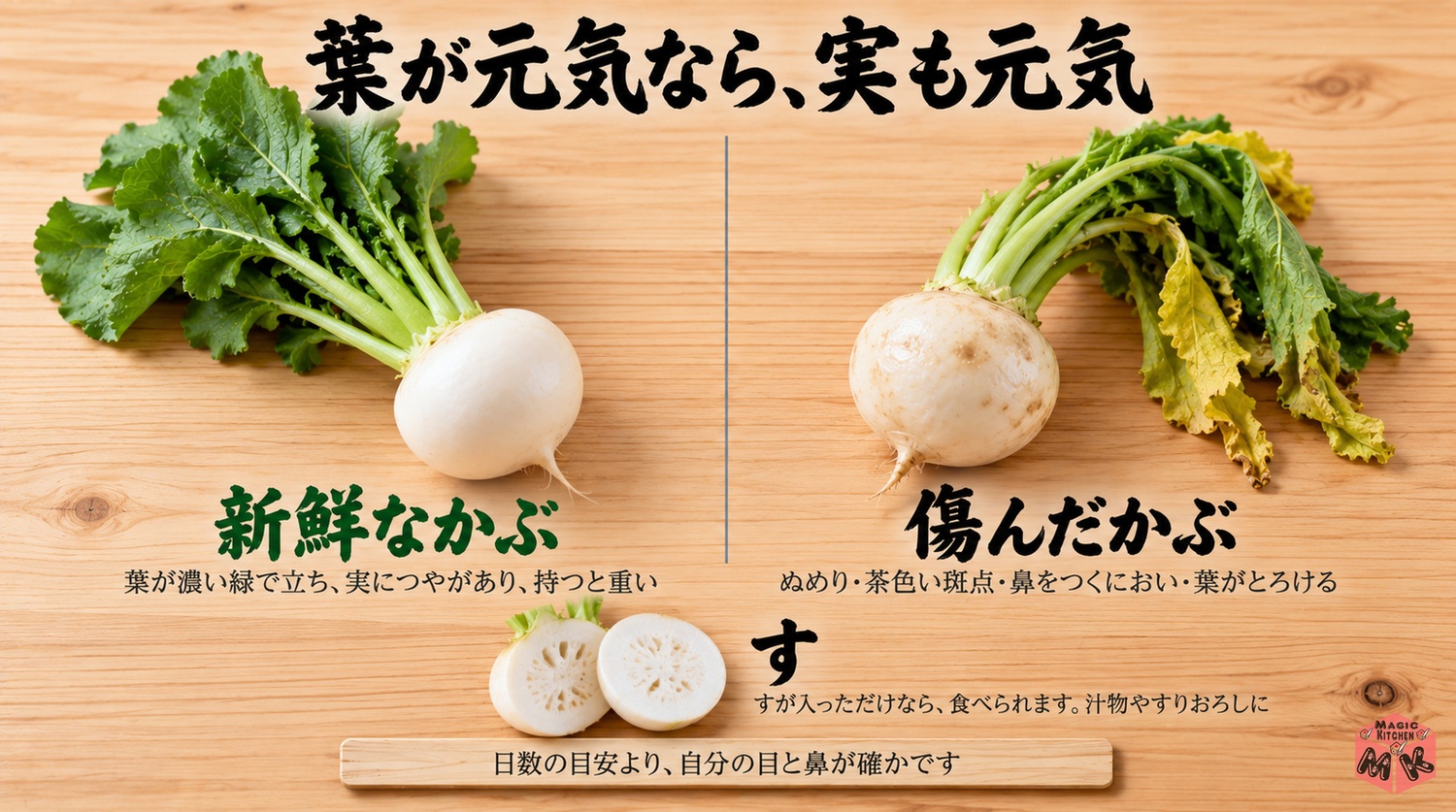 新鮮なかぶと傷んだかぶの見分け方(葉の緑とつやと重さ、ぬめりと斑点とすの違い)
