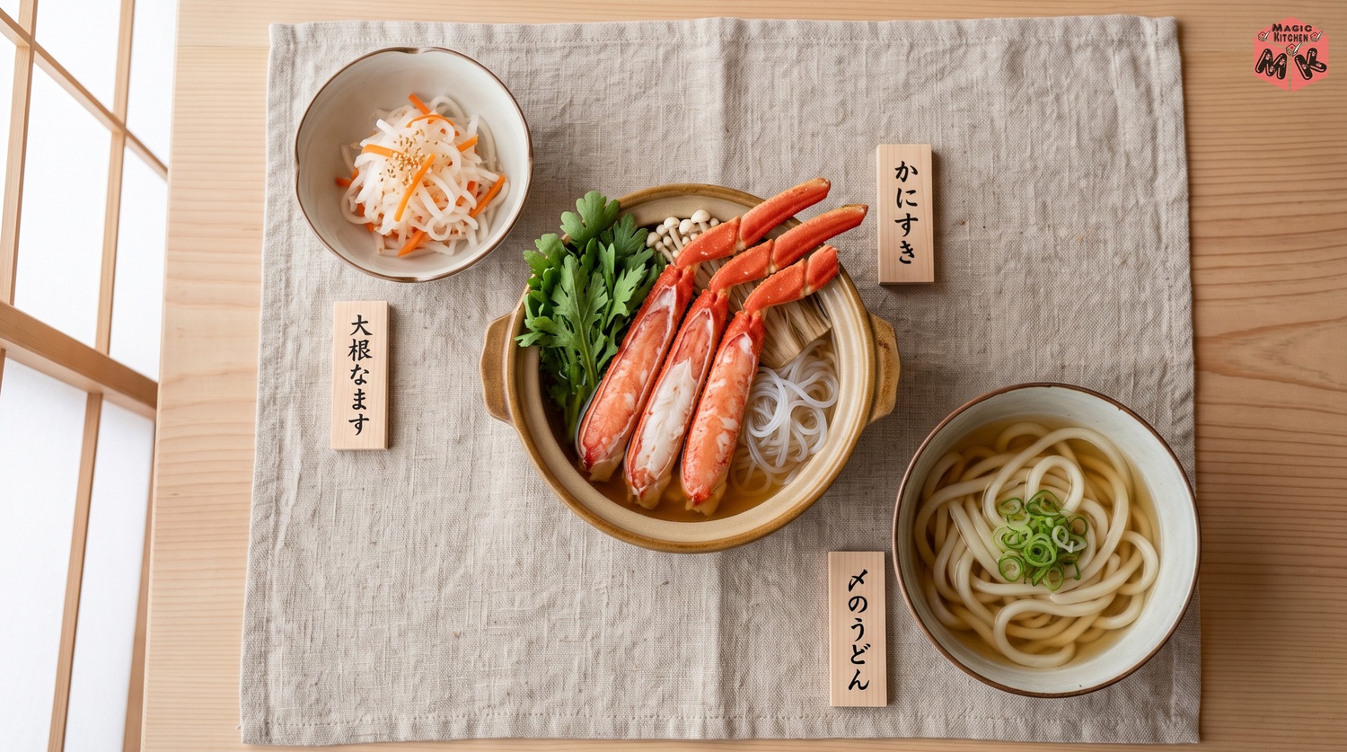 かに鍋の献立例Bかにすきの締めうどん膳の完成イメージ