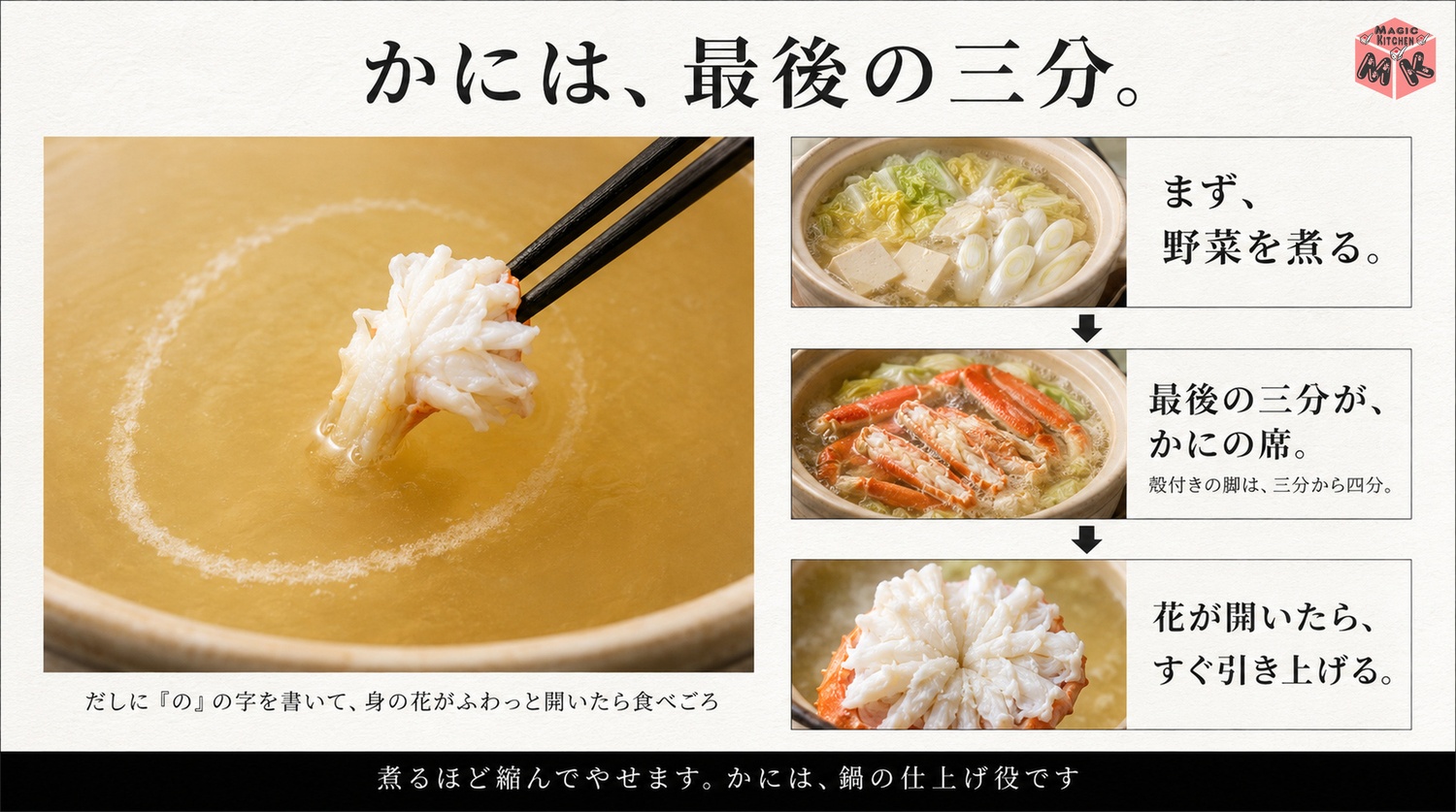 かにを煮すぎない「の」の字のしゃぶと最後の三分の図解