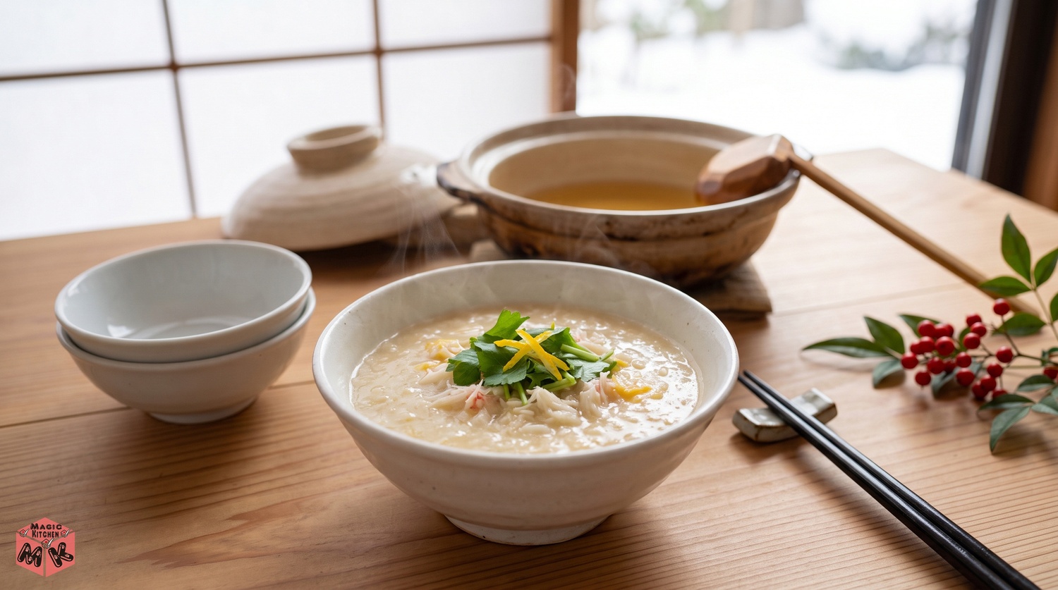 〆のかに雑炊をよそった家族の食卓イメージ
