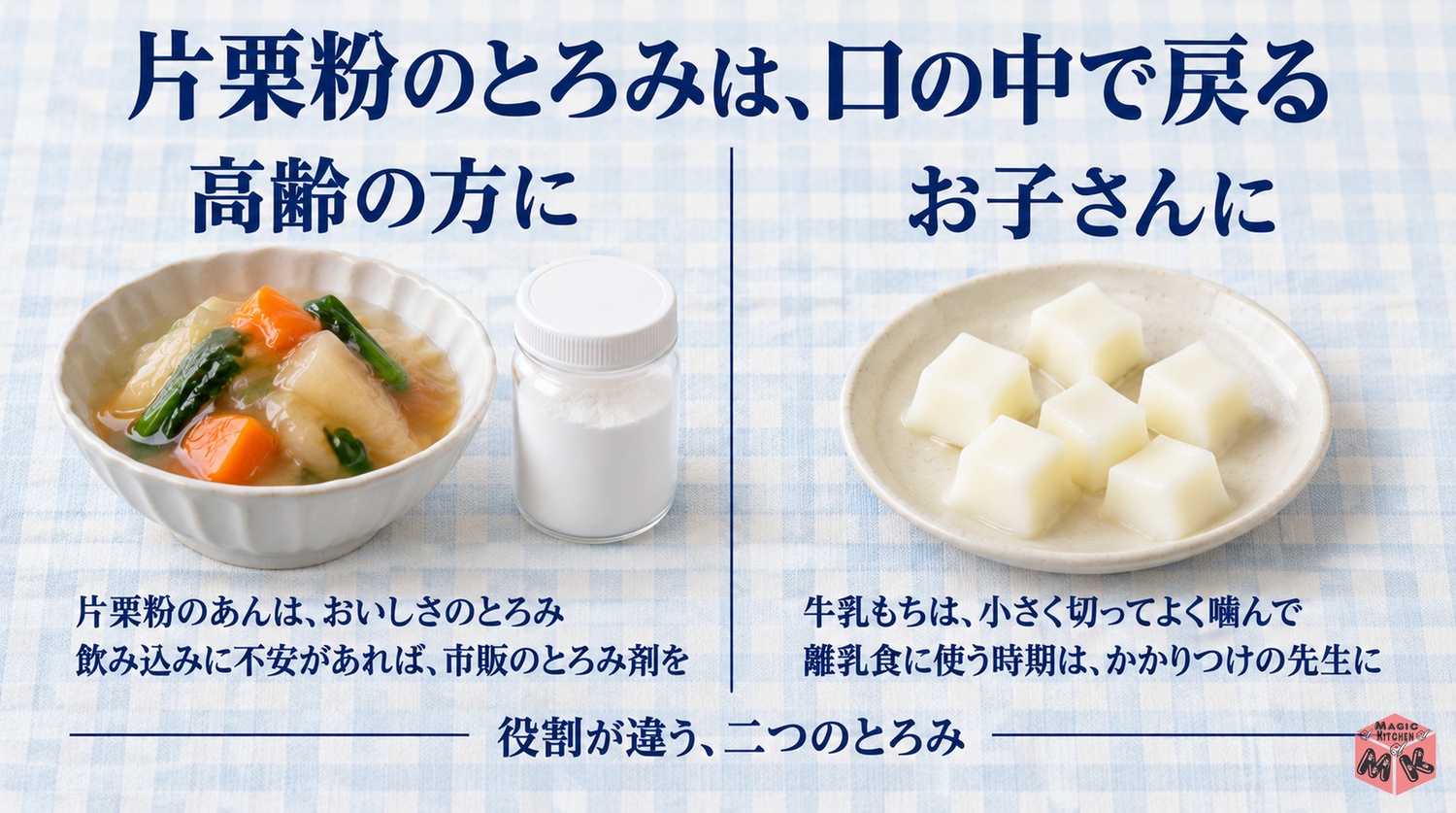 高齢者や子供にやさしい片栗粉の使い方(飲み込みに不安があれば市販のとろみ剤を)