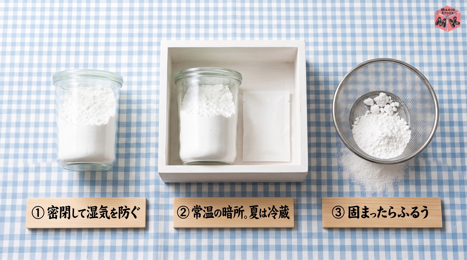 片栗粉の保存3原則(密閉して湿気を防ぐ・常温の暗所で夏は冷蔵・固まったらふるう)