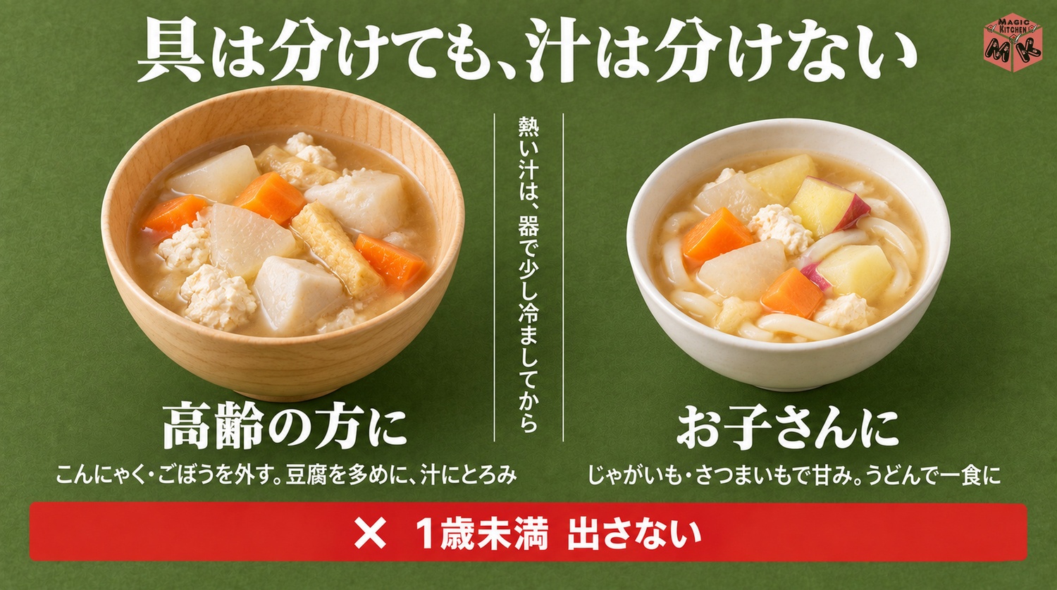 高齢者や子供にやさしいけんちん汁の具材(こんにゃく・ごぼうを外す・甘い具で・1歳未満には出さない)