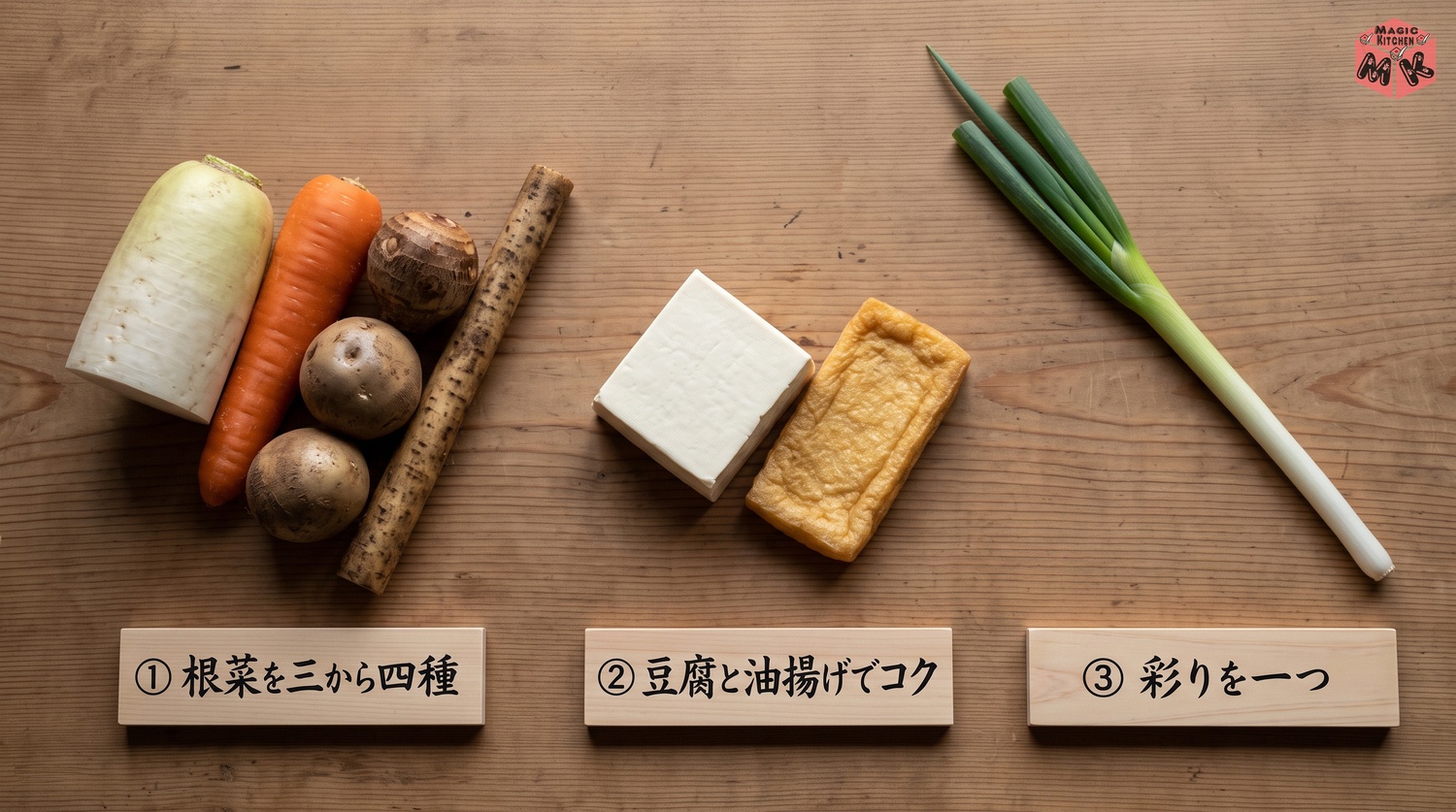 けんちん汁の具材選びの3つの考え方(根菜を3〜4種・豆腐と油揚げでコク・彩りを一つ)