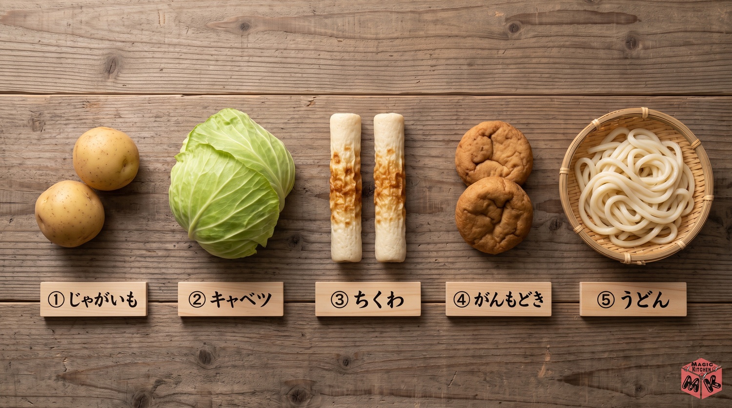 けんちん汁の子どもが食べやすい具材5選(じゃがいも・キャベツ・ちくわ・がんもどき・うどん)