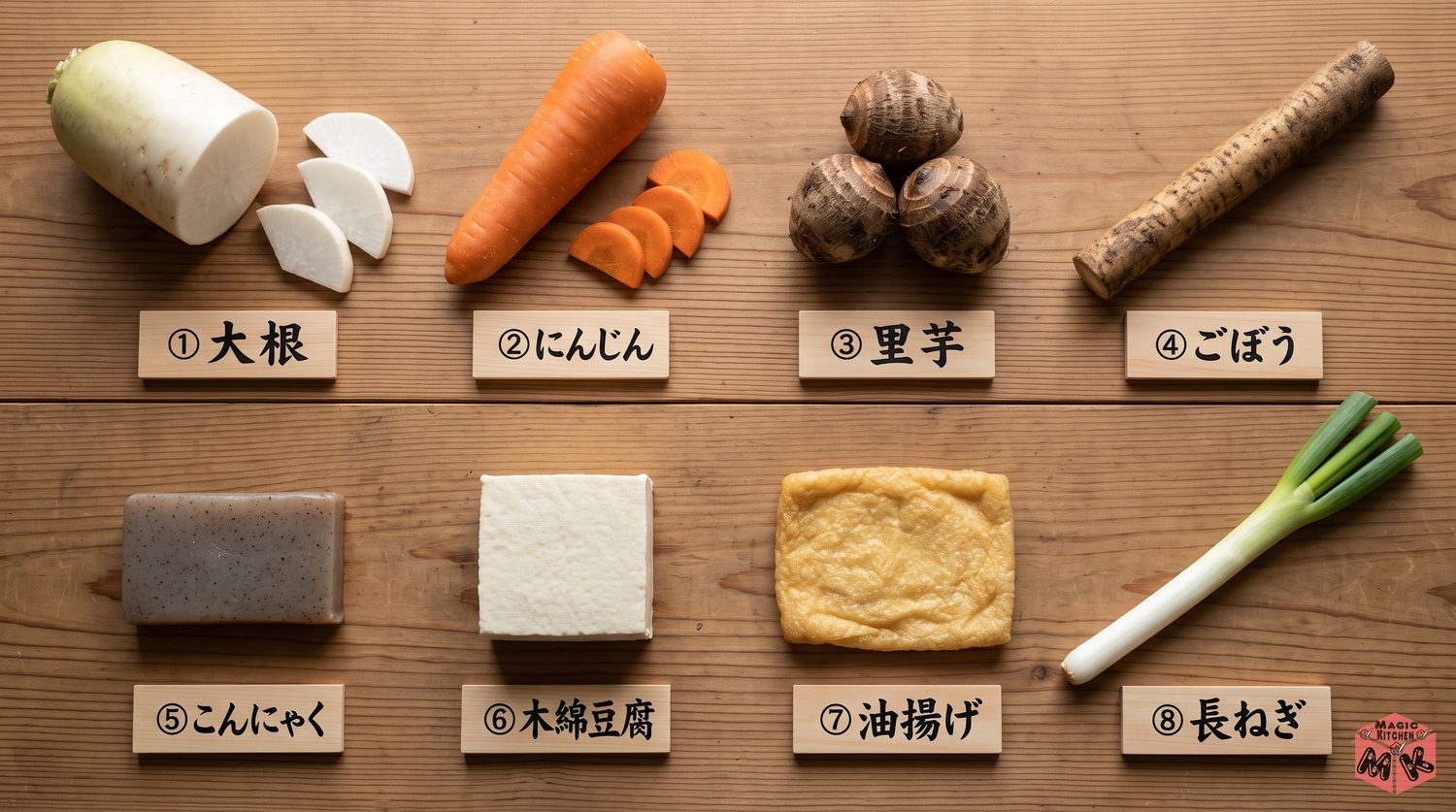 けんちん汁の定番の具材8選(大根・にんじん・里芋・ごぼう・こんにゃく・木綿豆腐・油揚げ・長ねぎ)