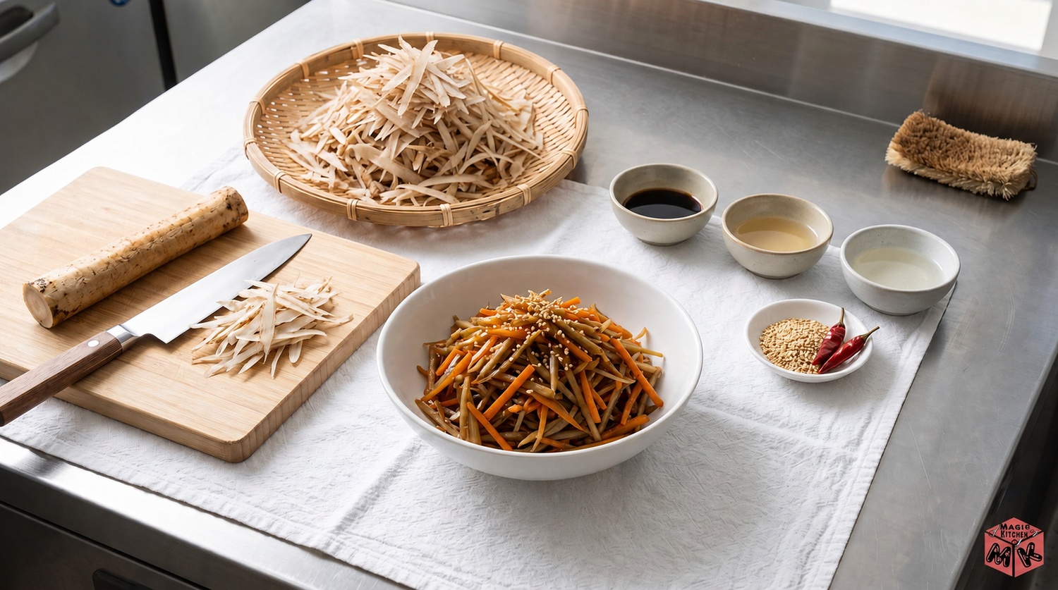 白ごまを振ったきんぴらごぼうの小鉢とささがきの手元の食卓イメージ
