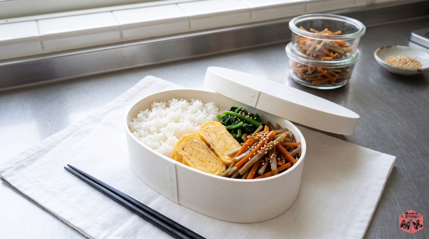 お弁当の隅に詰まったきんぴらごぼうと常備菜の保存容器のイメージ